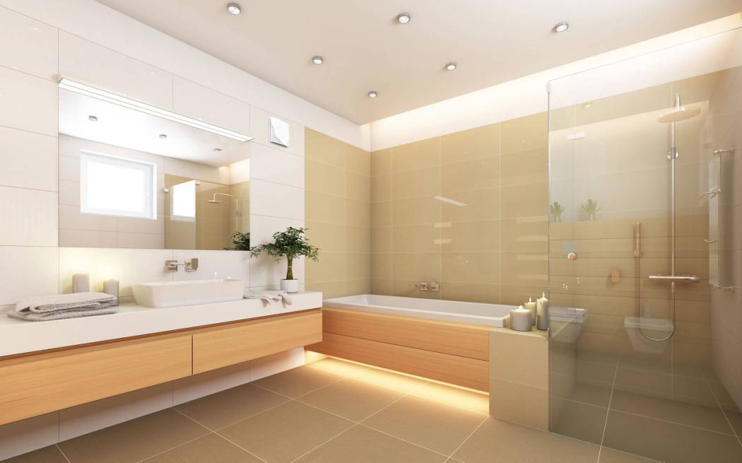 Idée de carrelage mural aux tons naturels pour salle de bain