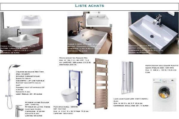 shopping list pour l'aménagement d'une salle de bain